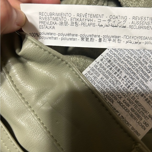 Zara Light Olive Green Color Faux Leather Bootcut Fleece Lined Pants Size 02 - Picture 11 of 11